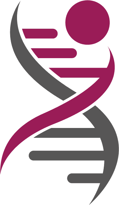 Stilisiertes Grafikmotiv einer DNA-Doppelhelix mit weinroten und grauen Linien; Am oberen Ende bildet ein Kreis eine menschliche Figur. Die Darstellung steht für moderne Medizin und Innovation am Medizincampus Passau.