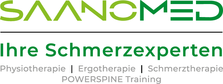 Logo von SAANOMED mit dem Schriftzug „Ihre Schmerzexperten“ sowie den aufgeführten Leistungen: Physiotherapie, Ergotherapie, Schmerztherapie und POWERSPINE Training; abgebildet auf der Website des Medizincampus Passau, einem modernen medizinischen Zentrum in zentraler Lage mit Facharztpraxen, Diagnostik und Gesundheitsdienstleistungen.
